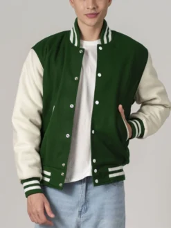 Baseball Forest Green And White Varsity Jacket Pockets