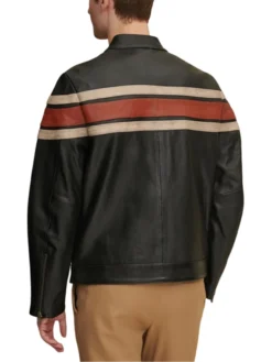 Black Mens Retro Striped Leather Jacket Back