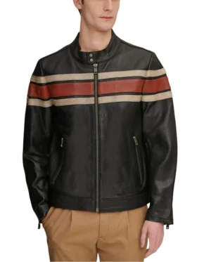 Black Mens Retro Striped Leather Jacket Main