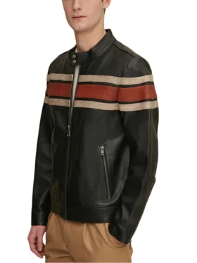 Black Mens Retro Striped Leather Jacket Side