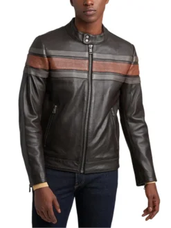 Black Mens Retro Striped Leather Jacket Style