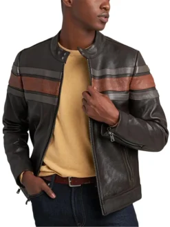 Black Mens Retro Striped Leather Jacket Zipper