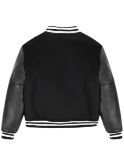 Black Wool Varsity Jacket With Leather Sleeves Back
