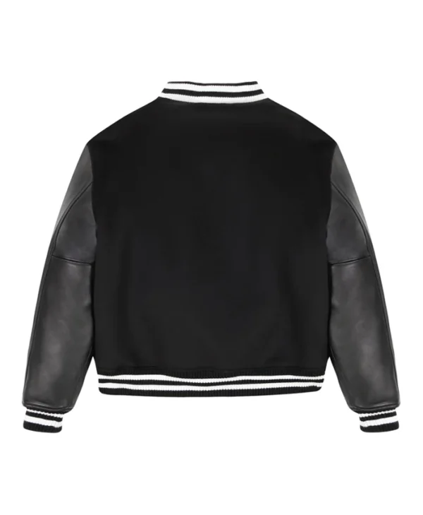 Black Wool Varsity Jacket With Leather Sleeves Back