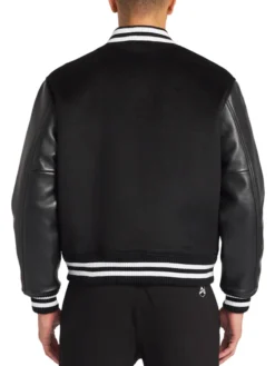 Black Wool Varsity Jacket With Leather Sleeves Back Side