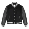 Black Wool Varsity Jacket With Leather Sleeves Front