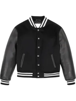 Black Wool Varsity Jacket With Leather Sleeves Front