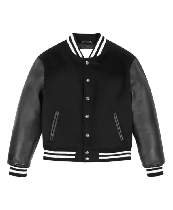 Black Wool Varsity Jacket With Leather Sleeves Front