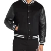 Black Wool Varsity Jacket With Leather Sleeves Main