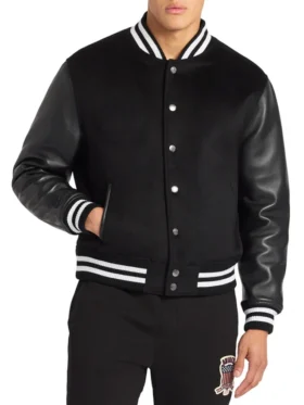 Black Wool Varsity Jacket With Leather Sleeves Main