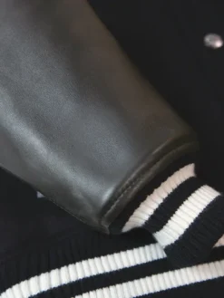 Black Wool Varsity Jacket With Leather Sleeves Rib