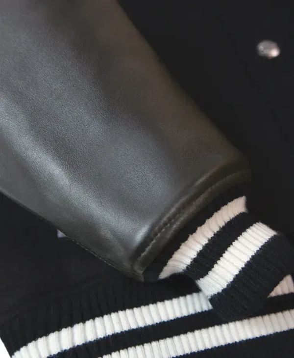 Black Wool Varsity Jacket With Leather Sleeves Rib
