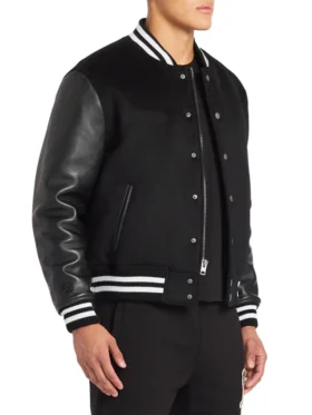 Black Wool Varsity Jacket With Leather Sleeves Side