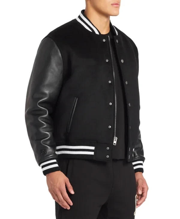 Black Wool Varsity Jacket With Leather Sleeves Side