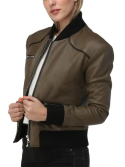 Brown Womens Leather Bomber Jacket With Rib Collar Sleeves