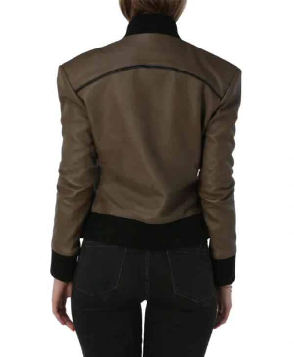 Brown Womens Leather Bomber Jacket​ With Rib Collar Back