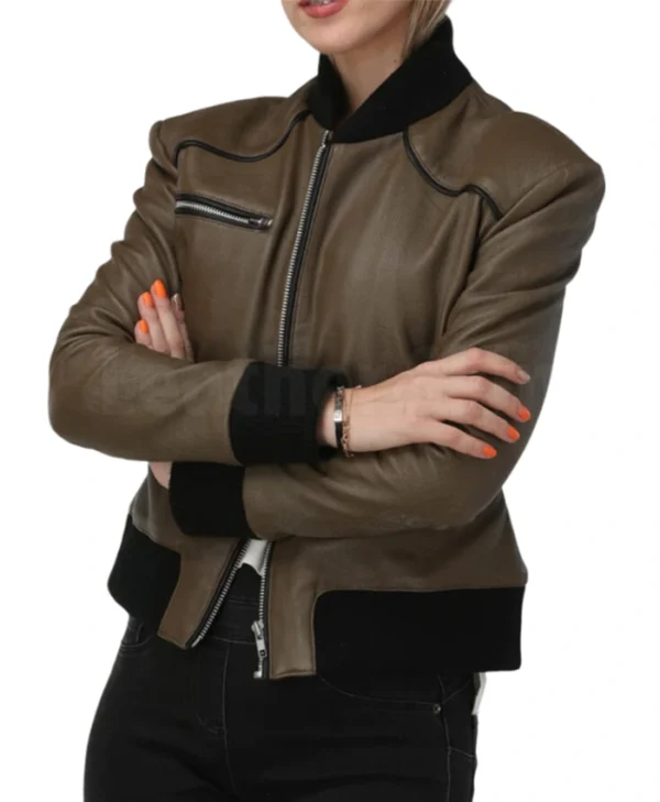 Brown Womens Leather Bomber Jacket​ With Rib Collar Hands