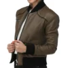 Brown Womens Leather Bomber Jacket​ With Rib Collar Sleeves