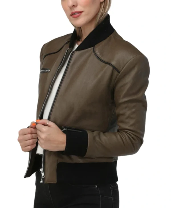 Brown Womens Leather Bomber Jacket​ With Rib Collar Sleeves