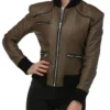 Brown Womens Leather Bomber Jacket​ With Rib Collar Style