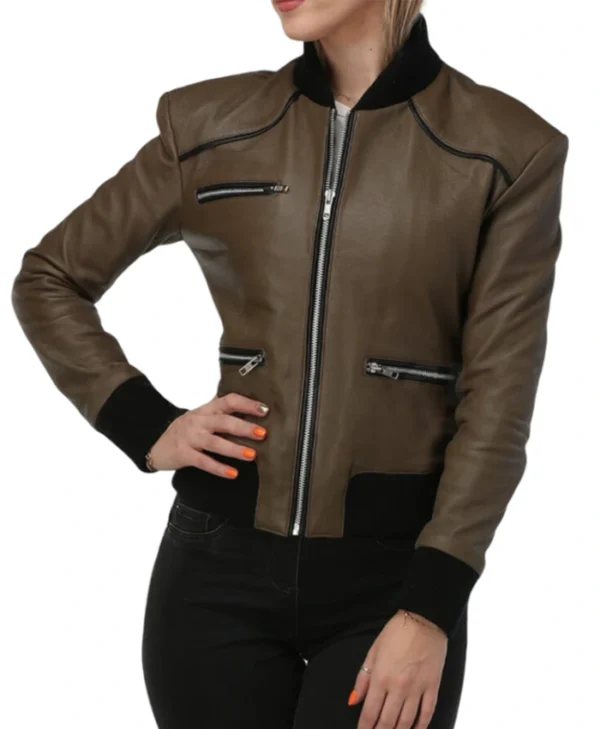 Brown Womens Leather Bomber Jacket​ With Rib Collar Style