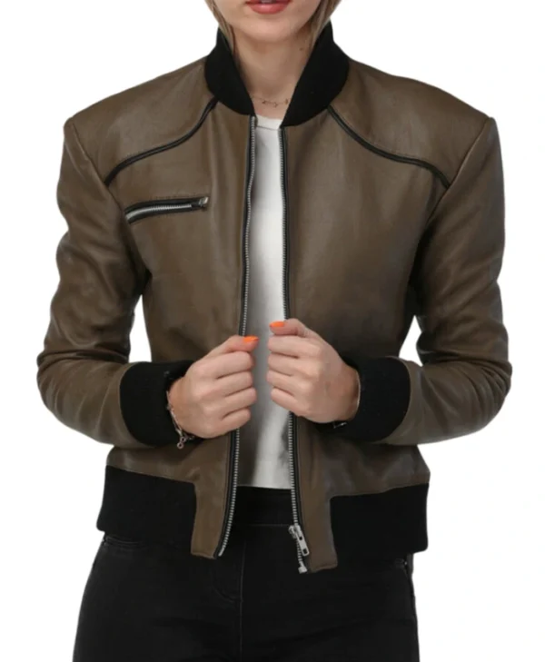 Brown Womens Leather Bomber Jacket​ With Rib Collar Zipper