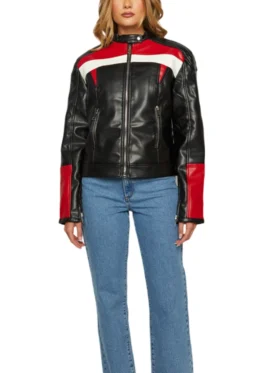 Cafe Racer Women's Red And Black Leather Jacket Pockets