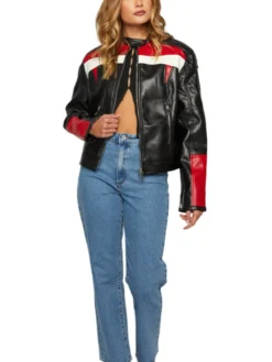 Cafe Racer Womens Red And Black Leather Jacket Stand