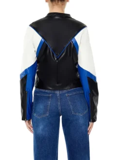Colorblock Blue And Black Cropped Leather Jacket For Womens Back