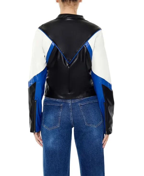Colorblock Blue And Black Cropped Leather Jacket For Womens Back