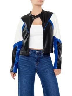 Colorblock Blue And Black Cropped Leather Jacket For Womens Main