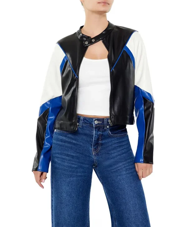 Colorblock Blue And Black Cropped Leather Jacket For Womens Main