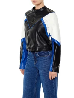 Colorblock Blue And Black Cropped Leather Jacket For Womens Side