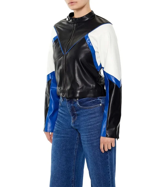 Colorblock Blue And Black Cropped Leather Jacket For Womens Side