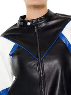 Colorblock Blue And Black Cropped Leather Jacket For Womens Snap