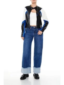 Colorblock Blue And Black Cropped Leather Jacket For Womens Stand Up
