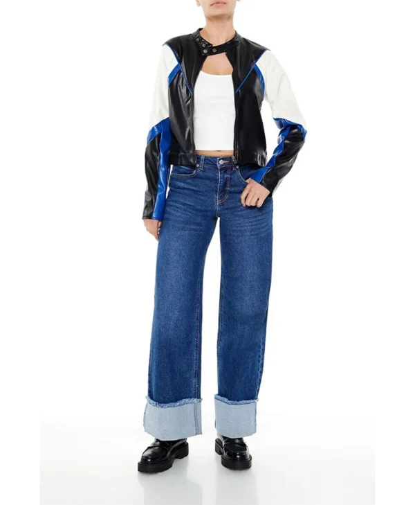 Colorblock Blue And Black Cropped Leather Jacket For Womens Stand Up