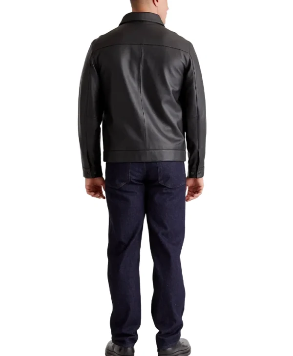 Drop Down Collar Mens Black Leather Jacket Back