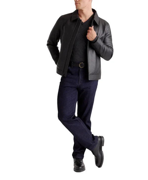 Drop Down Collar Mens Black Leather Jacket Inner