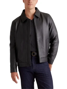 Drop Down Collar Mens Black Leather Jacket Main
