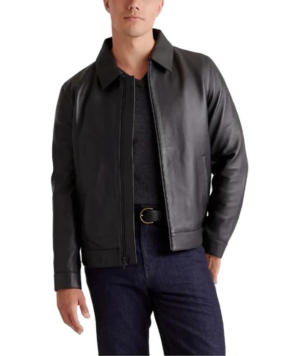 Drop Down Collar Mens Black Leather Jacket Main