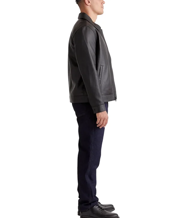 Drop Down Collar Mens Black Leather Jacket Side