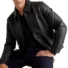 Drop Down Collar Mens Black Leather Jacket Sitting