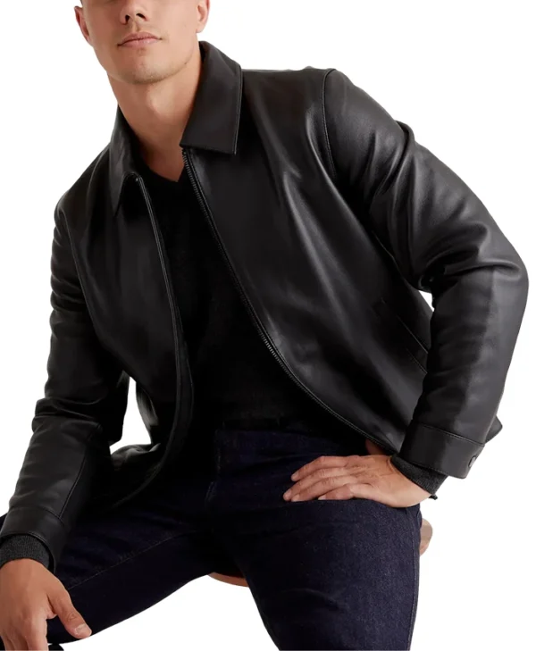 Drop Down Collar Mens Black Leather Jacket Sitting