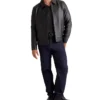 Drop Down Collar Mens Black Leather Jacket Stand Up