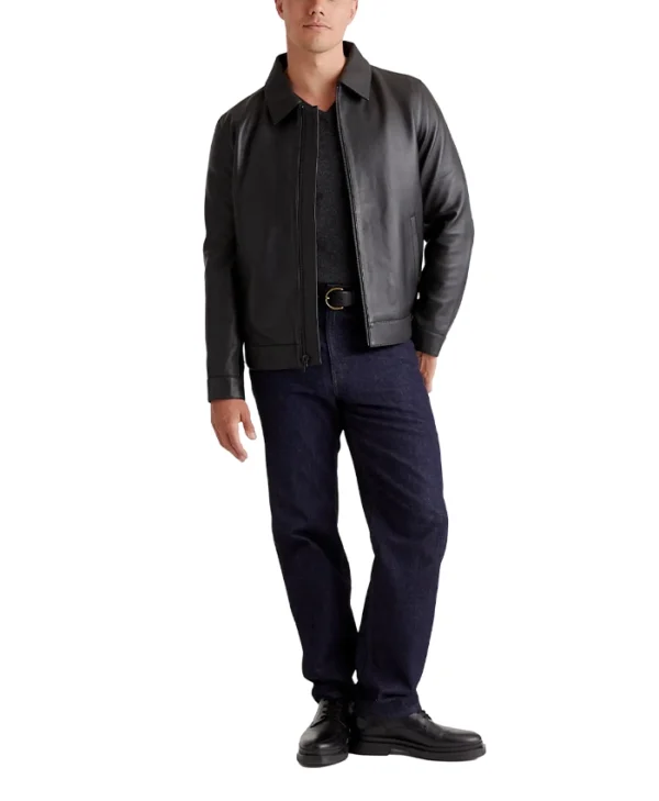 Drop Down Collar Mens Black Leather Jacket Stand Up