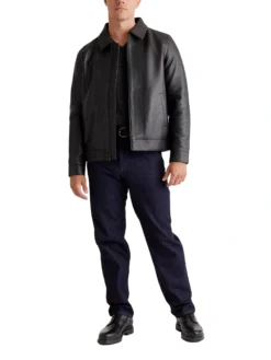 Drop Down Collar Mens Black Leather Jacket Style