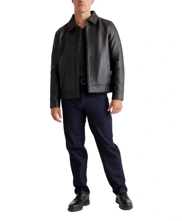 Drop Down Collar Mens Black Leather Jacket Style