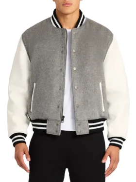 Grey Letterman Varsity Jacket With White Sleeves Closure