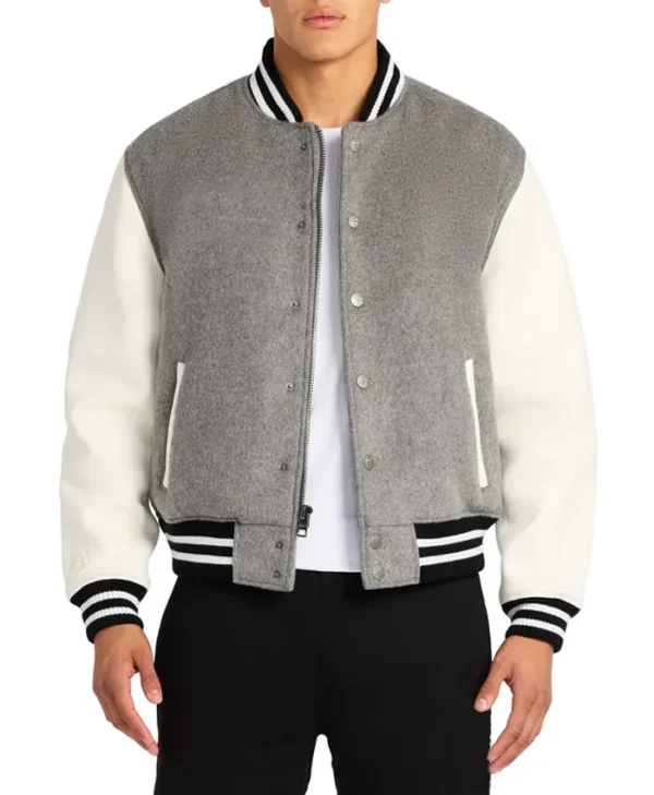 Grey Letterman Varsity Jacket With White Sleeves Closure